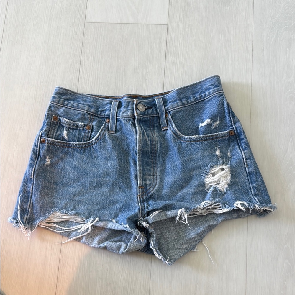 Levi 501 Distressed Blue Denim Shorts